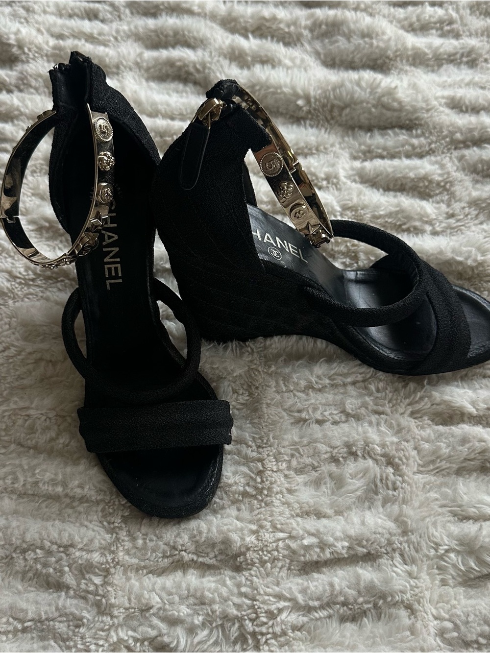 CHANEL Black Canvas Logo Lucky Charms Wedge Sandals - Picture 12 of 16